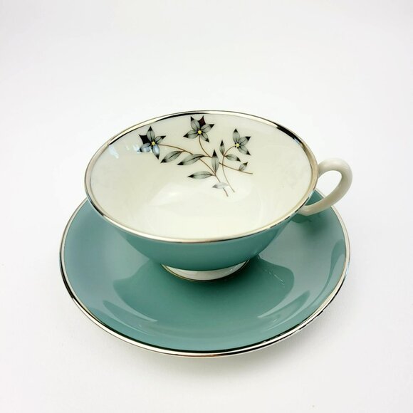 Lenox Kingsley Teacup & Saucer Teal Band Platinum Trim Floral Center c1954-79 - Picture 3 of 14